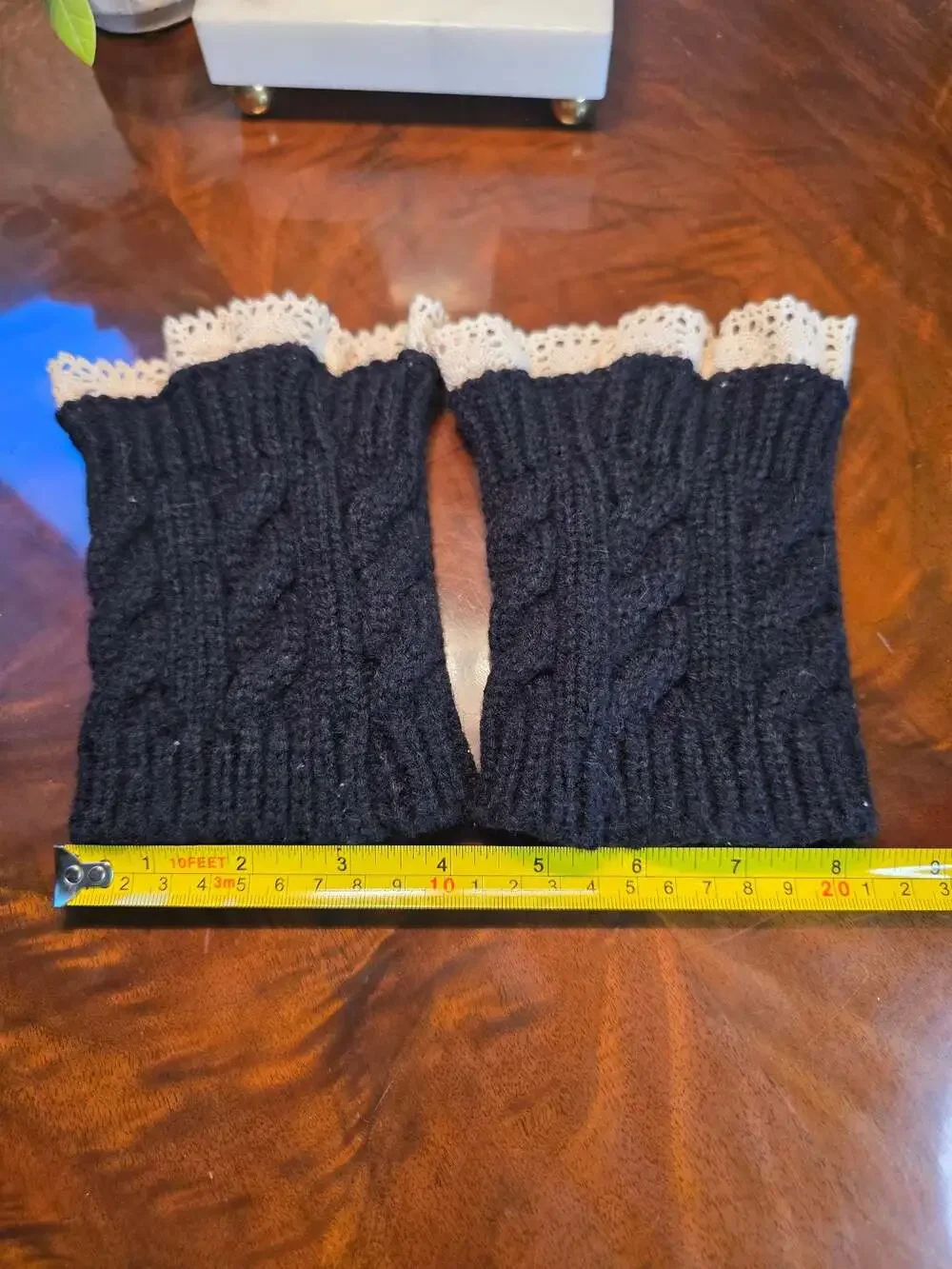 Women's Black Cable Knit Boot Cuffs with Lace Trim and Decorative Buttons